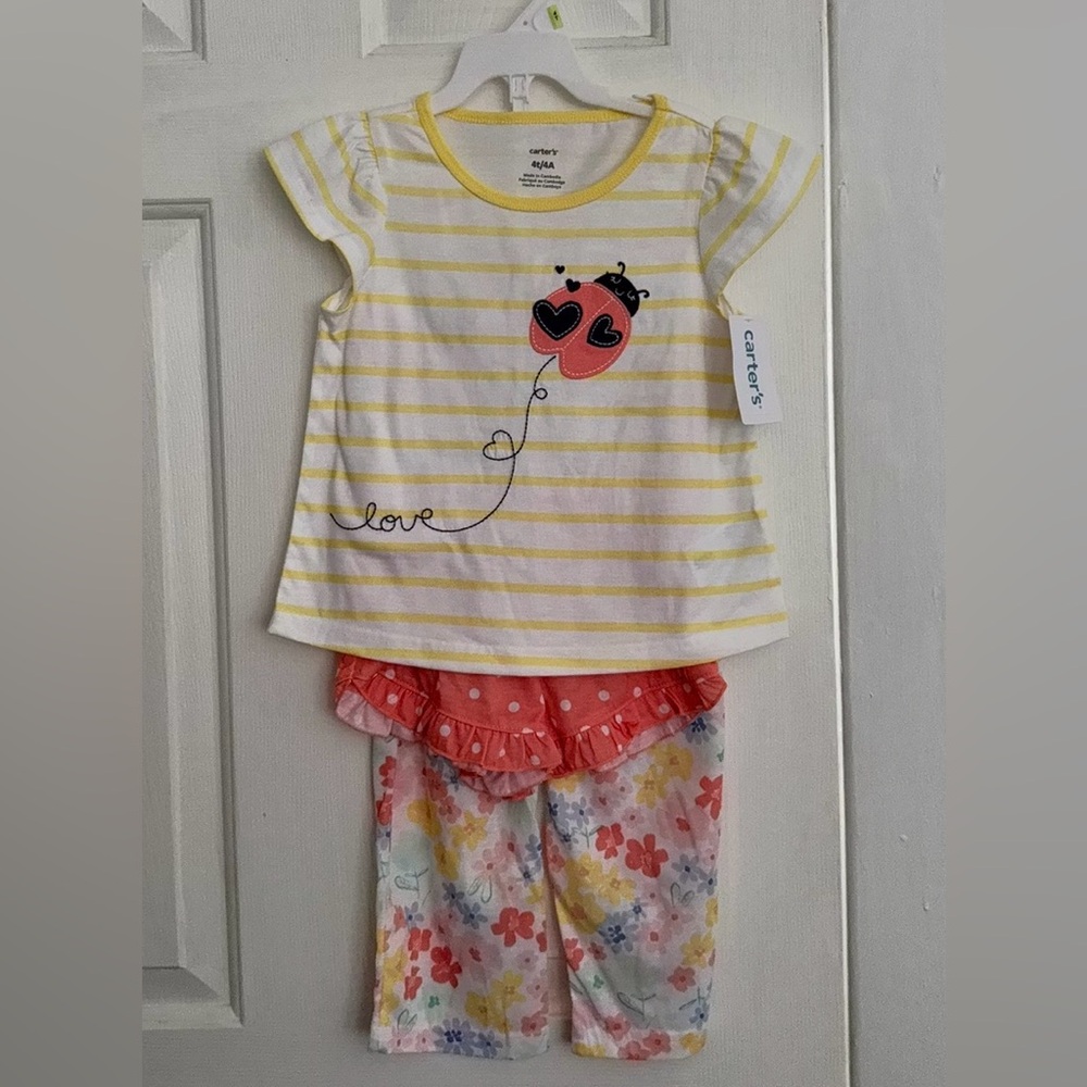 Carter's Yellow Stripe Top with Coral Ruffle Shorts & Floral Pants Pajama Set - Picture 2 of 4